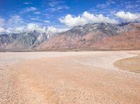 a mountain range in the distance with a road near by and one animal walking in the sand