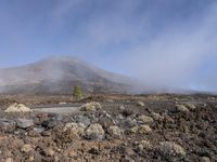 a road near the mountain side in the foggy sun day, and on the opposite bank are hills