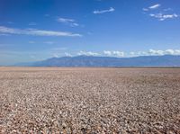 a person walking across a gravel field towards mountains in the distance, with a few trees on each end