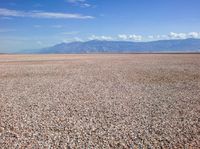 a person walking across a gravel field towards mountains in the distance, with a few trees on each end