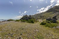 there is a small rock island on top of the mountains near the ocean with rocks in the grass and bushes growing near by