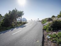 the road is winding on the side of a mountain with trees around it and the ocean in the distance