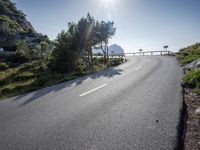 the road is winding on the side of a mountain with trees around it and the ocean in the distance