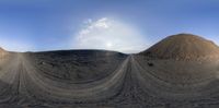 two hills and a circular picture of an entire earth environment from the perspective angle of one object