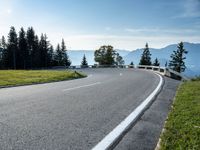 the winding road is surrounded by pine trees on a mountain side near the ocean shore