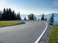 the winding road is surrounded by pine trees on a mountain side near the ocean shore