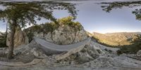 a curved road surrounded by lots of rocks and trees in the mountainside area of california