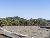 the asphalt on the road is yellow and gray in color, along with other areas of forest