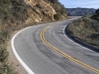 a curve road with trees, shrubs and rocks on both sides and one of the sides is slightly sloped