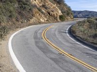 a curve road with trees, shrubs and rocks on both sides and one of the sides is slightly sloped