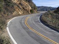 a curve road with trees, shrubs and rocks on both sides and one of the sides is slightly sloped