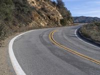 a curve road with trees, shrubs and rocks on both sides and one of the sides is slightly sloped