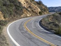 a curve road with trees, shrubs and rocks on both sides and one of the sides is slightly sloped