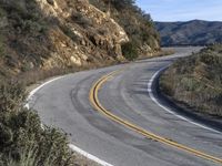 a curve road with trees, shrubs and rocks on both sides and one of the sides is slightly sloped