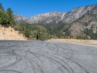 a mountain road with some cars driving down it and a few pine trees on the side