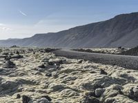 the large mountains are covered in moss and rocks with a road winding down one side