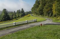 the fire hydrant is next to a white fence on a hill that is on a grassy hill with many trees