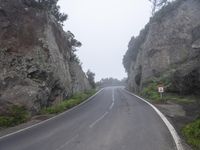 a mountain road is surrounded by trees and rocks in foggy weather, with a white sign saying go ahead