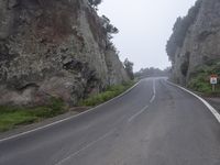 a mountain road is surrounded by trees and rocks in foggy weather, with a white sign saying go ahead