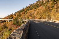 a scenic view of a bridge across a valley near trees and rocks on the side of the road