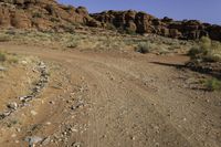 a desert area with sparse vegetation and rocks in the background and an out of focus mountain