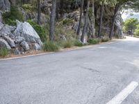 a motorcycle is going down a road in the woods on a mountain side side near some rocks