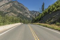 a road lined with trees and mountains in the background has two yellow lines on one end that lead into a tunnel