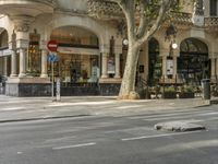 a narrow city street lined with tall trees and restaurants in an upscale area in the background