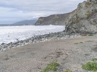 a man stands on the shore and looks out to sea with a small purple umbrella