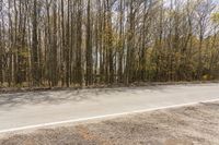 a lone motorcycle rides along an empty roadway with trees in the background in this image