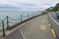 a road with a fence on it leading to a body of water and a beach