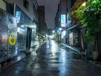 the narrow street is lined with graffiti on it's buildings at night on an empty urban area