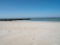 the view of an empty beach with wooden structure in the water in the distance,