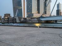 there is a bicycle with the back rack attached near a body of water and skyscrapers in the background