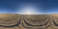 a view from an upside down fish eye lens shows a dirt track and a field of sand