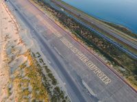 an empty runway with the word, i survived california written on it by it on top