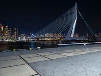 the city skyline behind the bridge is lit up at night, while people walking along the sidewalk look on