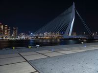 the city skyline behind the bridge is lit up at night, while people walking along the sidewalk look on