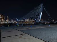 the city skyline behind the bridge is lit up at night, while people walking along the sidewalk look on