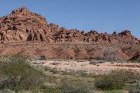 red rock mountains are seen near a dirt road and a field with brush, grass and bushes