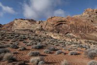 a view of a red rock and rocky landscape in the mountains near an area with bushes and sparse brush