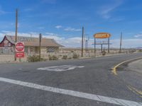 the sign of route 66 in the deserted town of texas, with road and vacant business