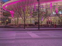 a big building with pink lights over it at night outside the building are trees and a fire hydrant