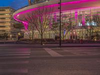 a big building with pink lights over it at night outside the building are trees and a fire hydrant