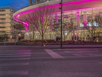 a big building with pink lights over it at night outside the building are trees and a fire hydrant