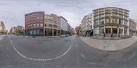 the same street intersection is distorted to see different buildings in this one view of a city