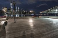 a view of new york city skyline at night from pier on the hudson river side