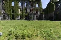an old ruiny building covered in plants and vines is in the foreground of a field