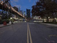 an empty road on a city street near the water at night, with streetlights glowing down