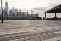 the skyline is visible in the background from the pier in lower manhattan, new york
